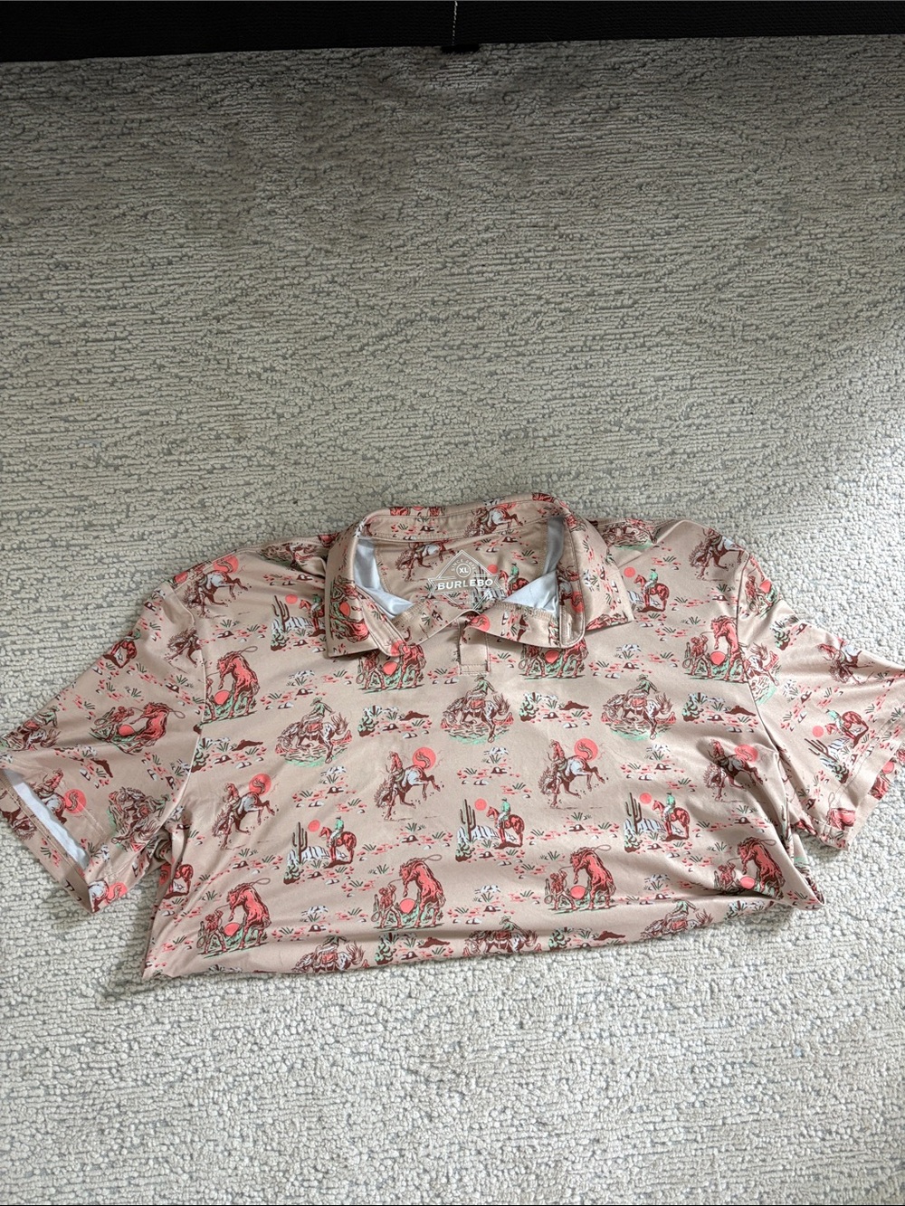 BURLEBO Men's XL Desert Print Polo - Tan with Coral and Green Accents - Picture 2 of 5